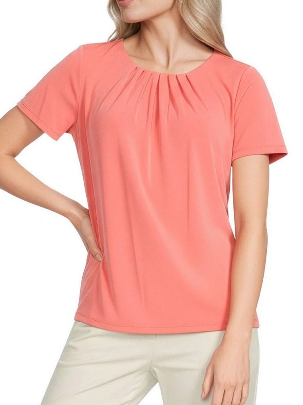 Calvin Klein women’s size PM Coral Short Sleeve Pleated Neck Top